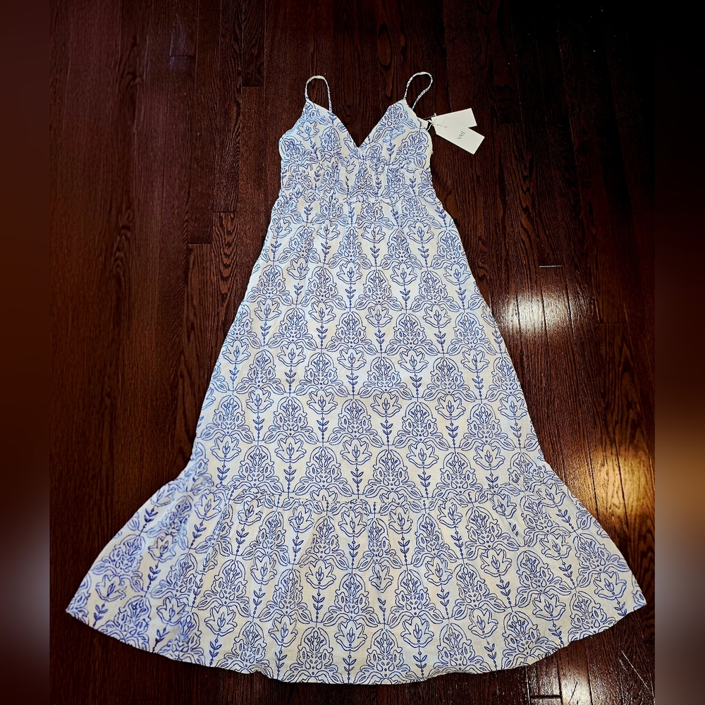 YAS White Blue Maxi Cotton Spagetti Open Back Dress Size 8  M